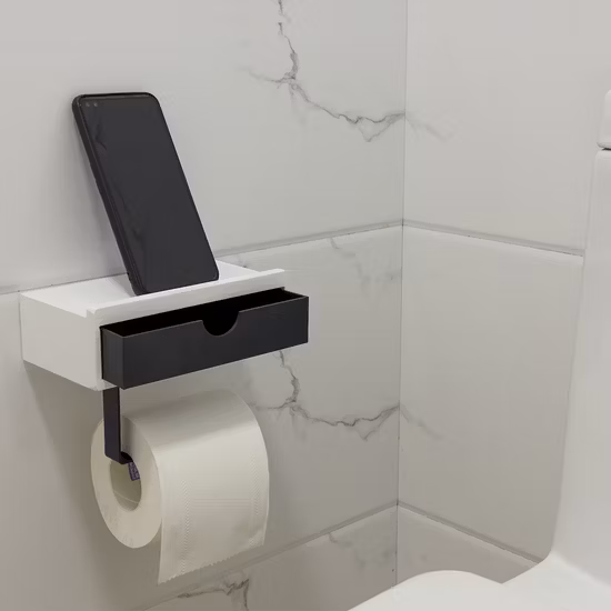 Soporte de papel higiénico de bambú recubierto de blanco, soporte de pared con estante y dispensador de toallitas húmedas desechables, almacenamiento de pañuelos para toallitas ocultas